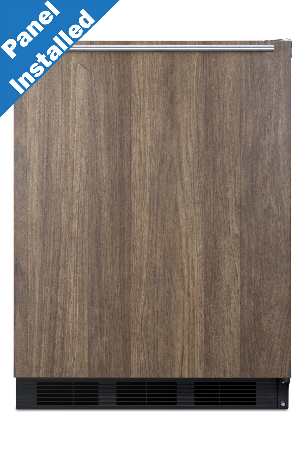 Built-in undercounter all-refrigerator for residential use, auto defrost with black exterior and pre-installed engineered wood panel door in a walnut finish